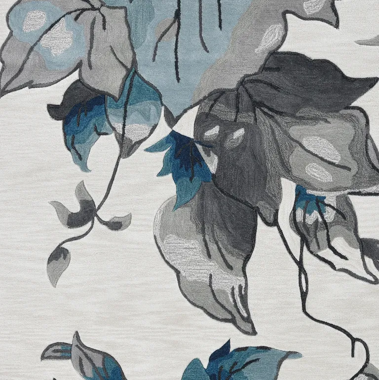 Ivory Blue Oversized Leaves Area Rug Photo 3