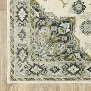 Photo of Ivory Blue Teal Grey And Olive Green Oriental Power Loom Stain Resistant Area Rug