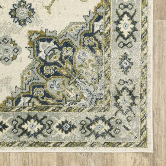 Ivory Blue Teal Grey And Olive Green Oriental Power Loom Stain Resistant Area Rug Photo 5