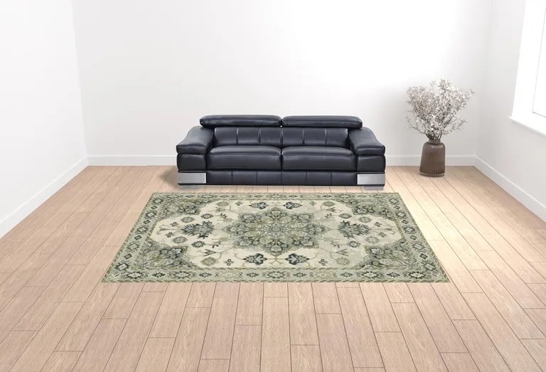 Ivory Blue Teal Grey And Olive Green Oriental Power Loom Stain Resistant Area Rug Photo 3