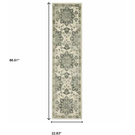 Ivory Blue Teal Grey And Olive Green Oriental Power Loom Stain Resistant Runner Rug Photo 9