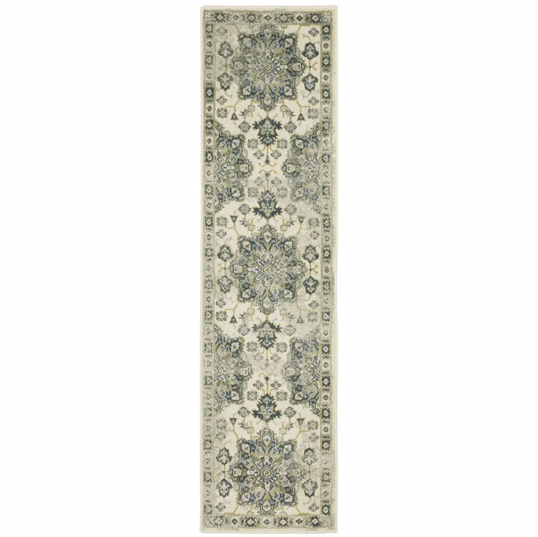 Ivory Blue Teal Grey And Olive Green Oriental Power Loom Stain Resistant Runner Rug Photo 1