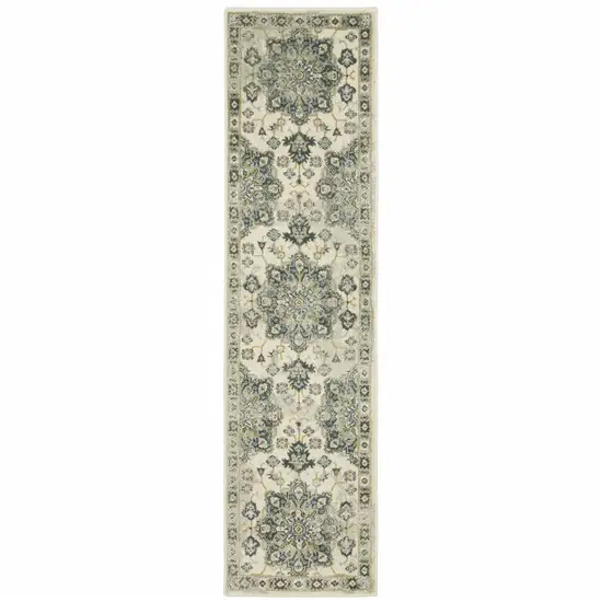 Ivory Blue Teal Grey And Olive Green Oriental Power Loom Stain Resistant Runner Rug Photo 1