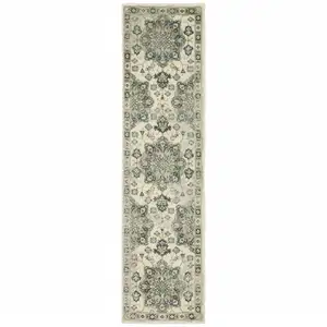 Photo of Ivory Blue Teal Grey And Olive Green Oriental Power Loom Stain Resistant Runner Rug