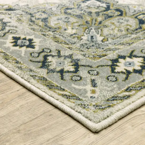 Ivory Blue Teal Grey And Olive Green Oriental Power Loom Stain Resistant Runner Rug Photo 4