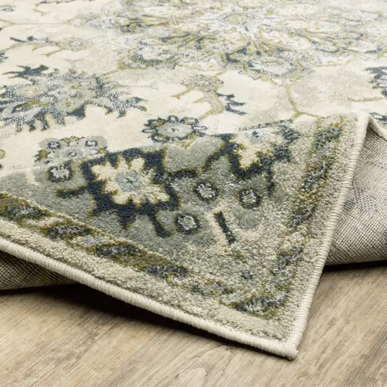 Ivory Blue Teal Grey And Olive Green Oriental Power Loom Stain Resistant Runner Rug Photo 8