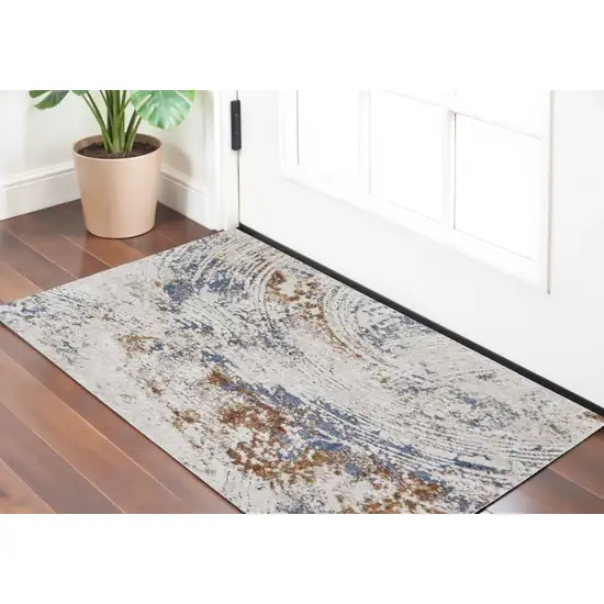 Ivory Blue and Brown Abstract Power Loom Area Rug Photo 1