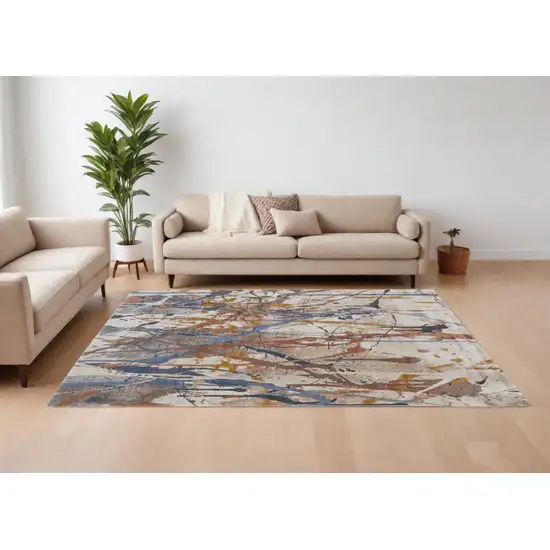 Ivory Blue and Brown Abstract Power Loom Area Rug Photo 1