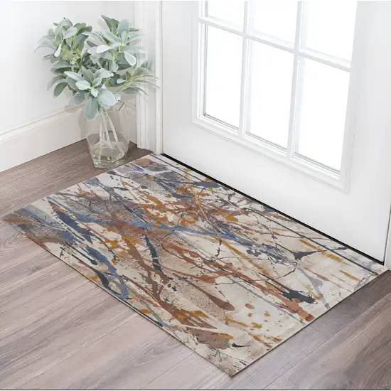 Ivory Blue and Brown Abstract Power Loom Area Rug Photo 1