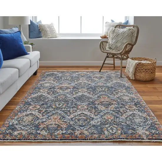 Ivory Blue and Brown Floral Power Loom Area Rug With Fringe Photo 9