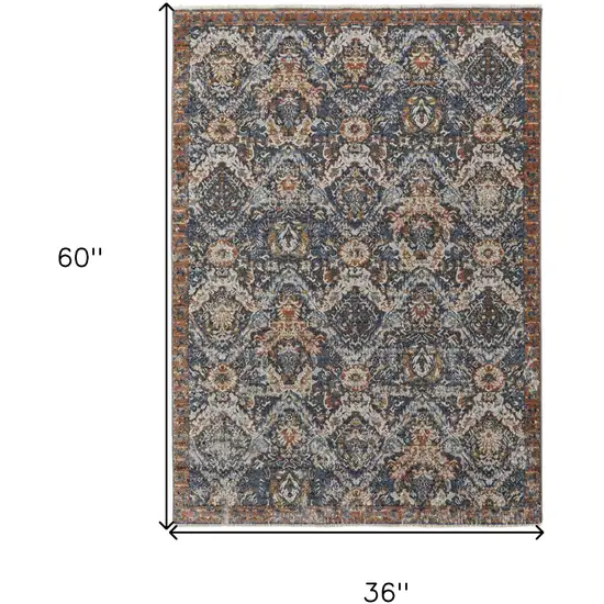 Ivory Blue and Brown Floral Power Loom Area Rug With Fringe Photo 3