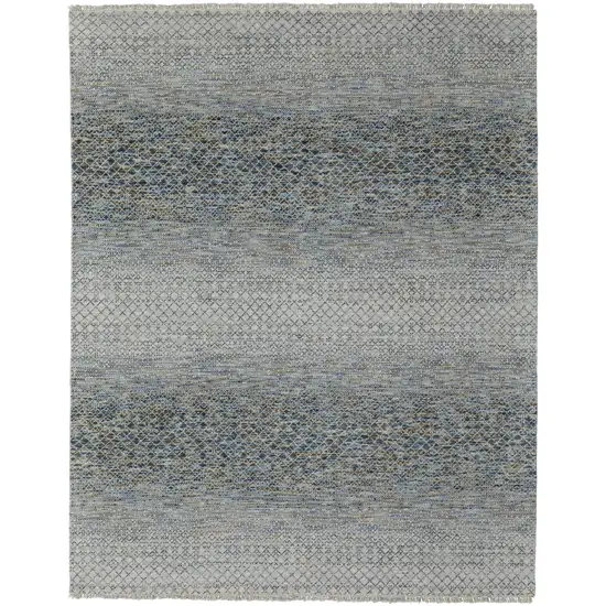 Ivory Blue and Brown Wool Hand Knotted Area Rug With Fringe Photo 4