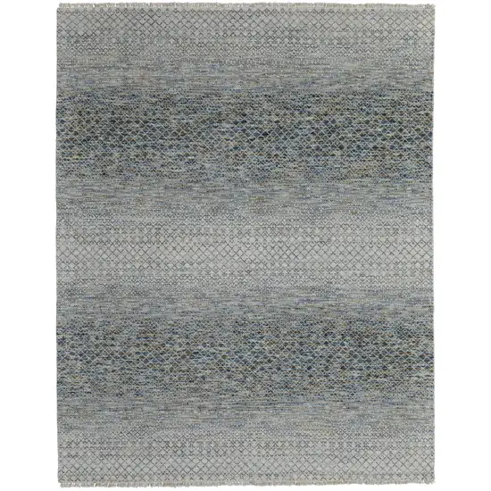 Ivory Blue and Brown Wool Hand Knotted Area Rug With Fringe Photo 5