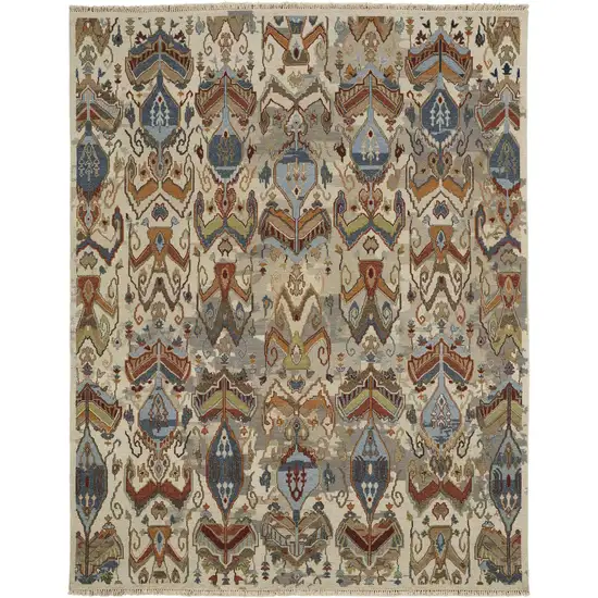 Ivory Blue and Brown Wool Ikat Hand Knotted Area Rug With Fringe Photo 4