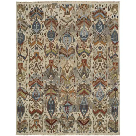 Ivory Blue and Brown Wool Ikat Hand Knotted Area Rug With Fringe Photo 2