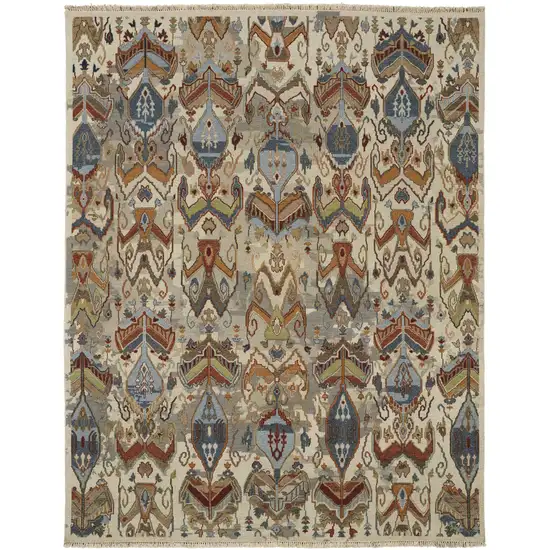 Ivory Blue and Brown Wool Ikat Hand Knotted Area Rug With Fringe Photo 5