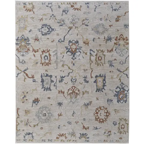 Ivory Blue and Gold Floral Power Loom Worn Faded Area Rug With Fringe Photo 4