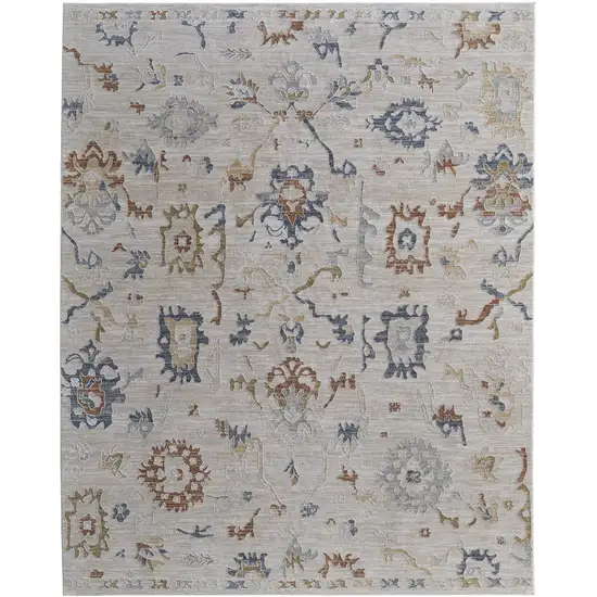 Ivory Blue and Gold Floral Power Loom Worn Faded Area Rug With Fringe Photo 5