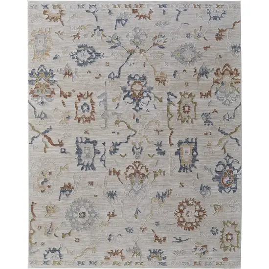 Ivory Blue and Gold Floral Power Loom Worn Faded Area Rug With Fringe Photo 2