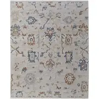 Photo of Ivory Blue and Gold Floral Power Loom Worn Faded Area Rug With Fringe