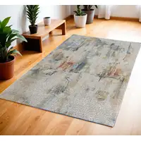 Photo of Ivory Blue and Gray Abstract Distressed Non Skid Area Rug