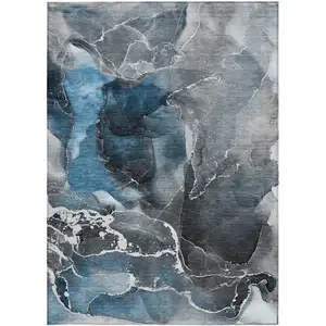 Photo of Ivory Blue and Gray Abstract Washable Non Skid Indoor Outdoor Area Rug