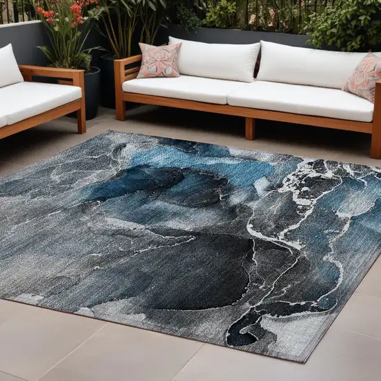 Ivory Blue and Gray Abstract Washable Non Skid Indoor Outdoor Area Rug Photo 1