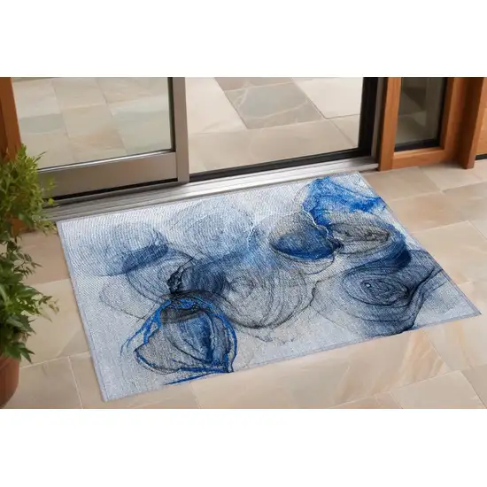 Ivory Blue and Gray Abstract Washable Non Skid Indoor Outdoor Area Rug Photo 1