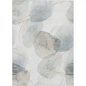 Photo of Ivory Blue and Gray Abstract Washable Non Skid Indoor Outdoor Area Rug