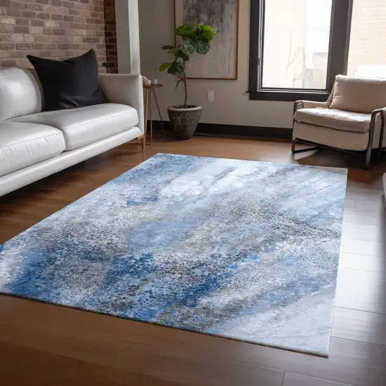 Ivory Blue and Gray Abstract Washable Non Skid Indoor Outdoor Area Rug Photo 9