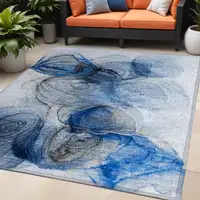 Photo of Ivory Blue and Gray Abstract Washable Non Skid Indoor Outdoor Area Rug