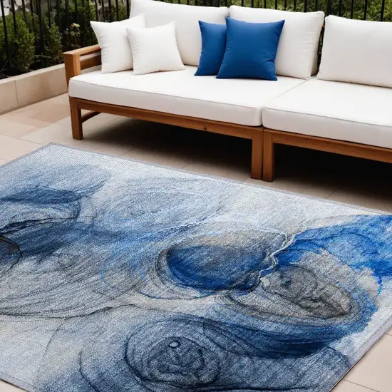 Ivory Blue and Gray Abstract Washable Non Skid Indoor Outdoor Area Rug Photo 1