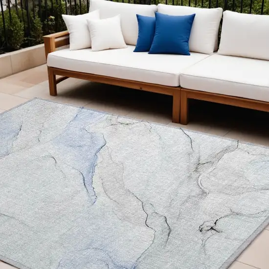 Ivory Blue and Gray Abstract Washable Non Skid Indoor Outdoor Area Rug Photo 1