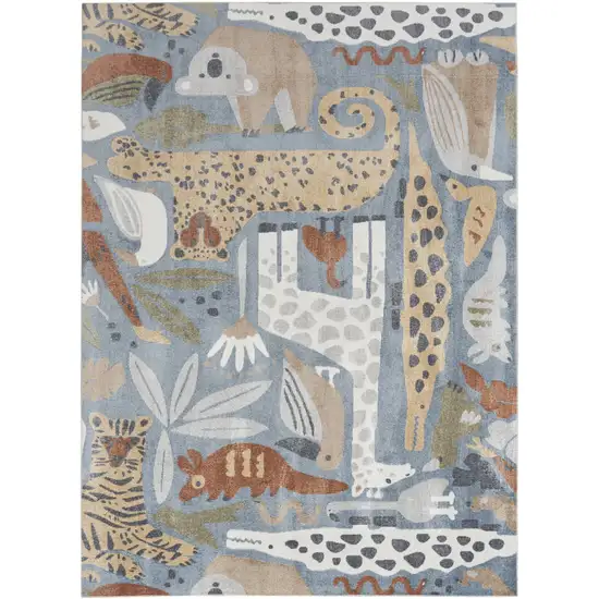 Ivory Blue and Gray Animal Print Power Loom Washable Area Rug Photo 1