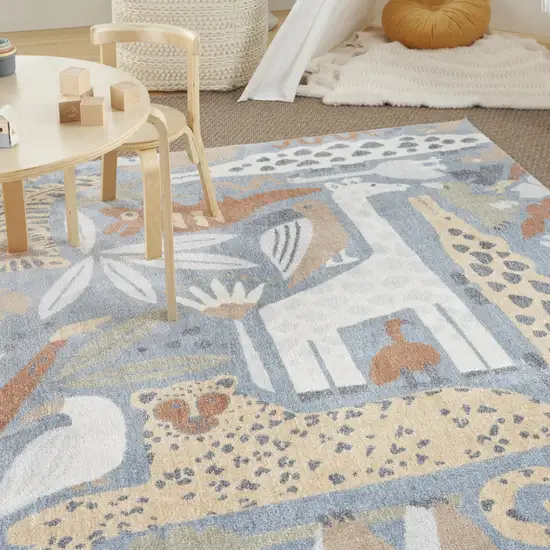 Ivory Blue and Gray Animal Print Power Loom Washable Area Rug Photo 9