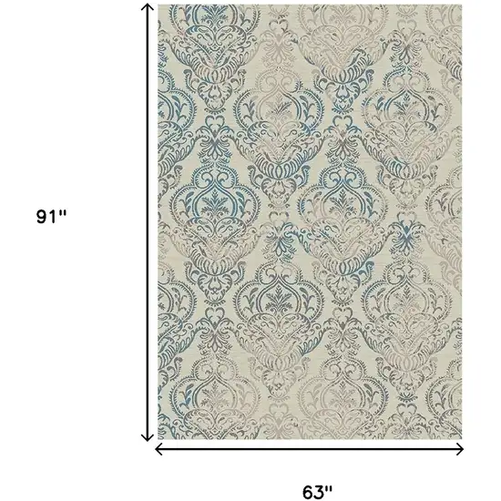 Ivory Blue and Gray Damask Distressed Area Rug Photo 5