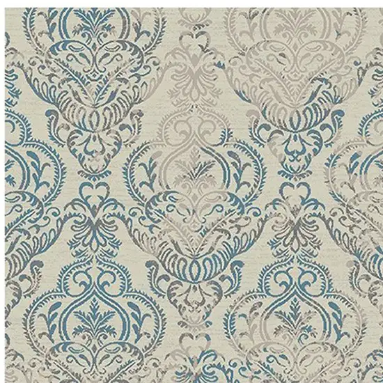 Ivory Blue and Gray Damask Distressed Area Rug Photo 3