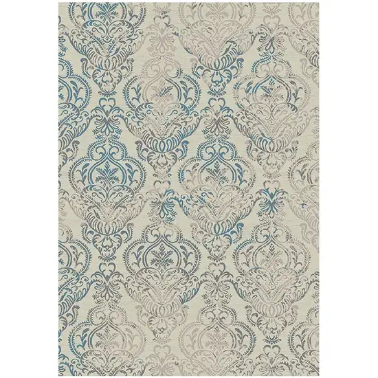 Ivory Blue and Gray Damask Distressed Area Rug Photo 2