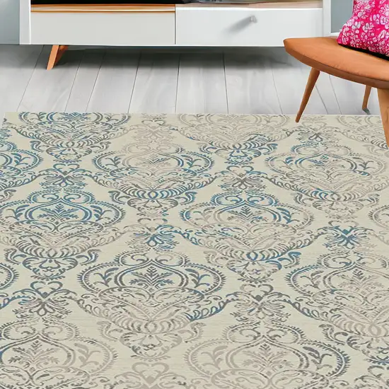 Ivory Blue and Gray Damask Distressed Area Rug Photo 1