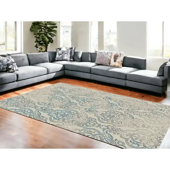 Ivory Blue and Gray Damask Distressed Area Rug Photo 1