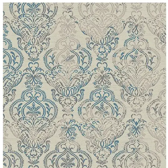 Ivory Blue and Gray Damask Distressed Area Rug Photo 4