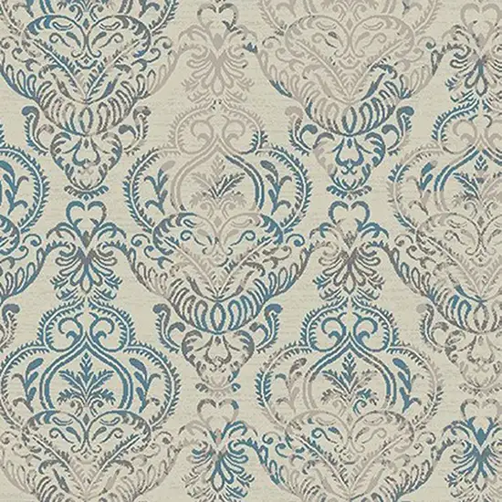 Ivory Blue and Gray Damask Distressed Area Rug Photo 3