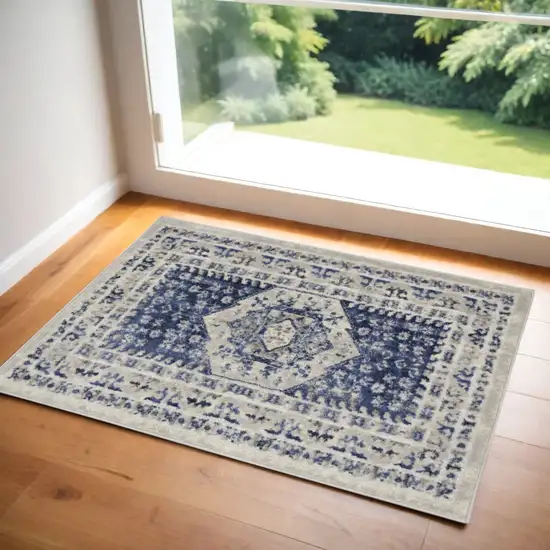 Ivory Blue and Gray Floral Area Rug Photo 1