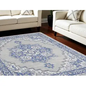 Photo of Ivory Blue and Gray Floral Distressed Non Skid Area Rug