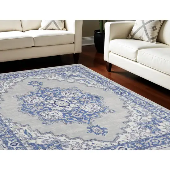 Ivory Blue and Gray Floral Distressed Non Skid Area Rug Photo 1