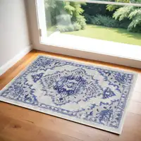 Photo of Ivory Blue and Gray Floral Medallion Area Rug