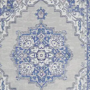 Photo of Ivory Blue and Gray Floral Medallion Distressed Non Skid Area Rug