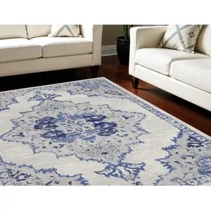 Photo of Ivory Blue and Gray Floral Medallion Distressed Non Skid Area Rug