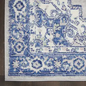 Photo of Ivory Blue and Gray Floral Medallion Distressed Non Skid Area Rug