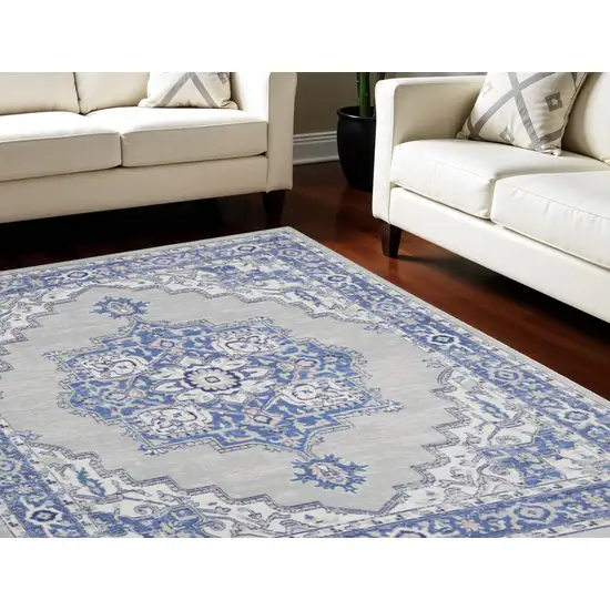 Ivory Blue and Gray Floral Medallion Distressed Non Skid Area Rug Photo 1